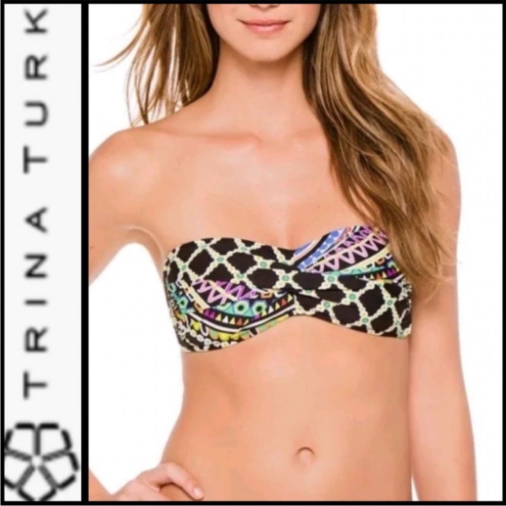 Trina Turk Sea Green & Black Kon Tiki Bandeau Bikini Top sz8